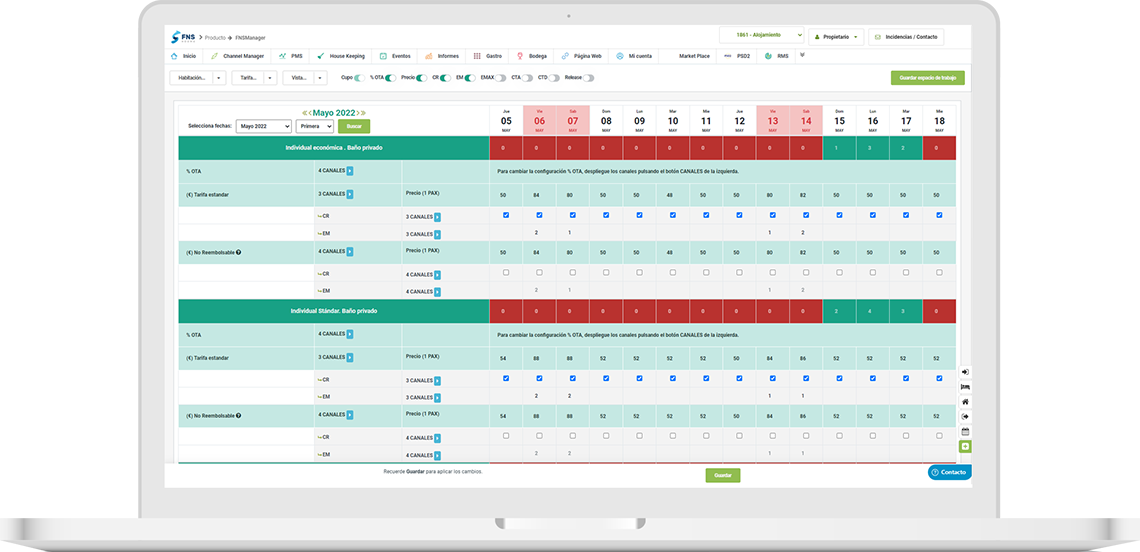 Pantalla Channel Manager FNSrooms